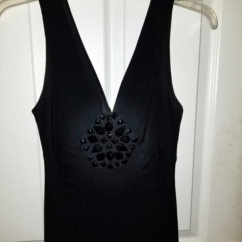 JERSEY KNIT MAXI DRESS W/ JET BEADED EMBELLISHMENT